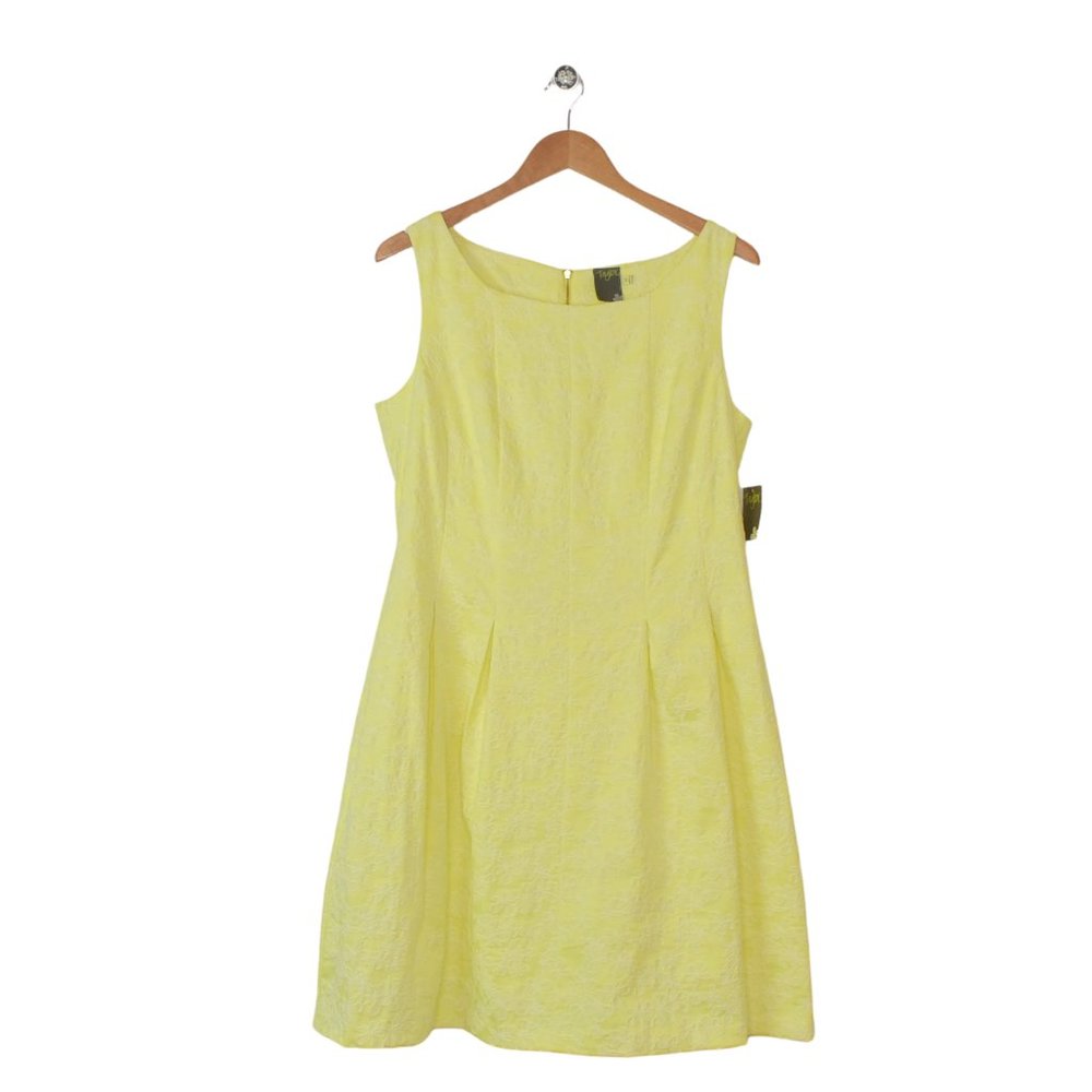Taylor Floral Flocked A-line Dress Women 14 Butter Yellow Pleated Sleeveless NWT